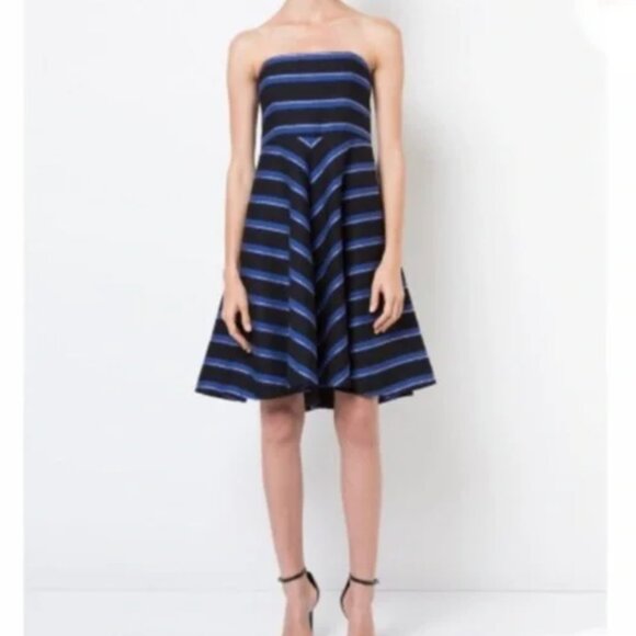 Halston Heritage A-Line Striped Strapless Flare Mini Dress 6 Black & Blue - Picture 1 of 13